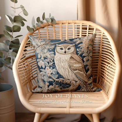 Pastel Owl Throw Pillow | William Morris Inspired Throw Pillow Woodland Forestcore Decor Pillow Maximalist Home Decor Throw Pillow Owl Art |