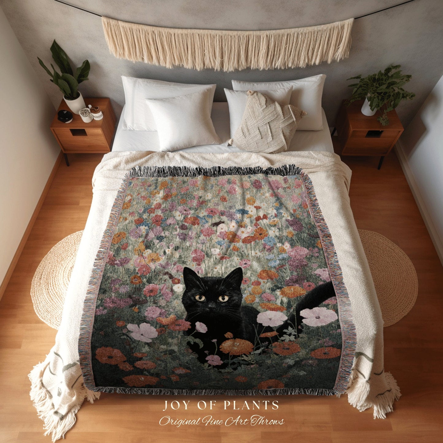 Bright Floral Wildflowers Blanket Cat Art Fall Decor Tapestry Woven Throw Blanket | Black Cat Woven Blanket Boho Halloween Cat Cottagecore |