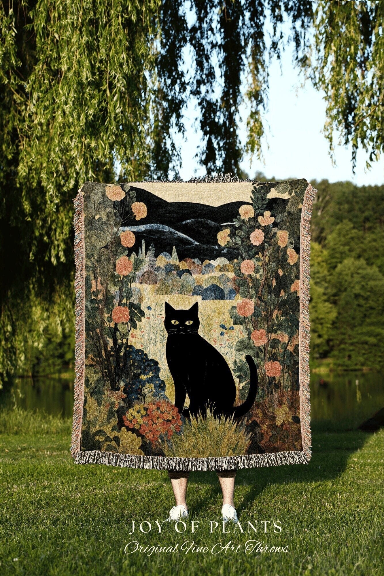 Fall Aesthetic Vintage Cat in the Wildflowers Tapestry Floral Art Halloween Decor Tapestry Black Cat Woven Blanket | Boho Cat Cottagecore |