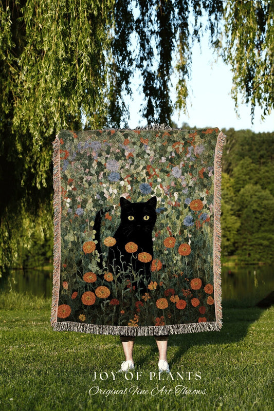 Black Cat In The Wildflowers Tapestry Floral Art Halloween Decor Tapestry Black Cat Woven Blanket | Spooky Cat Halloween Decor Cottagecore |