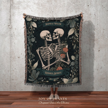 Goth Couple Gift Custom Blanket | Gothic Wedding Custom Blanket Woven Tapestry Skeleton Couple Gift Personalized Anniversary Gift for Goths