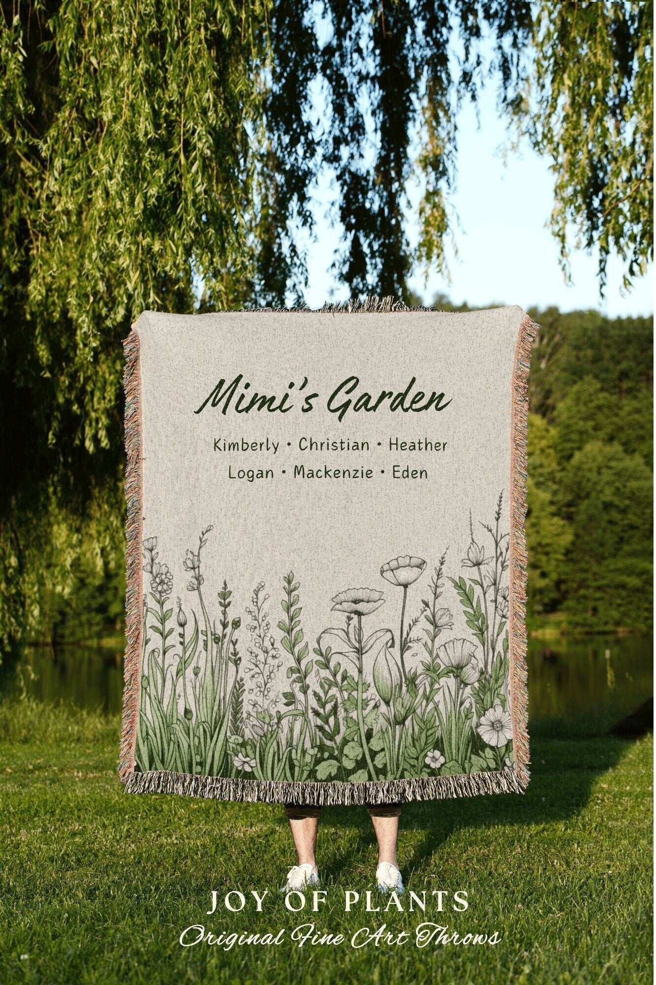 Mimi's Garden Custom Family Name Blanket | Gift for Mom Birth Flower Personalized Grandma's Garden Tapestry Woven Grandchildren's Names |