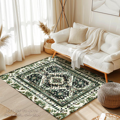 Rustic Olive Green Green Geometric Rug | Midcentury Aesthetic Room Decor Ornate Victorian Floor Rug Scandinavian Bedroom Accent Rug Nordic