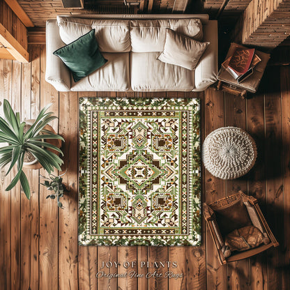 Geometric Style Sage Green Rug Boho Cottgecore Room Decor | Cottagegoth Modern Farmhouse Moss Green Rustic Scandinavian Bedroom Accent Rug