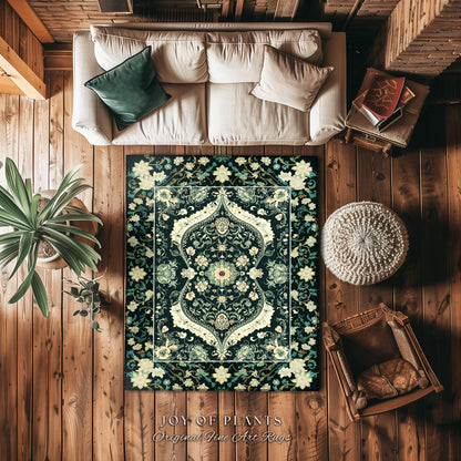 Elegant Emerald Green Art Nouveau Living Room Rug | Boho Room Decor Dark Cottagecore Whimsical Botanical Victorian Gothic Woodland Aesthetic