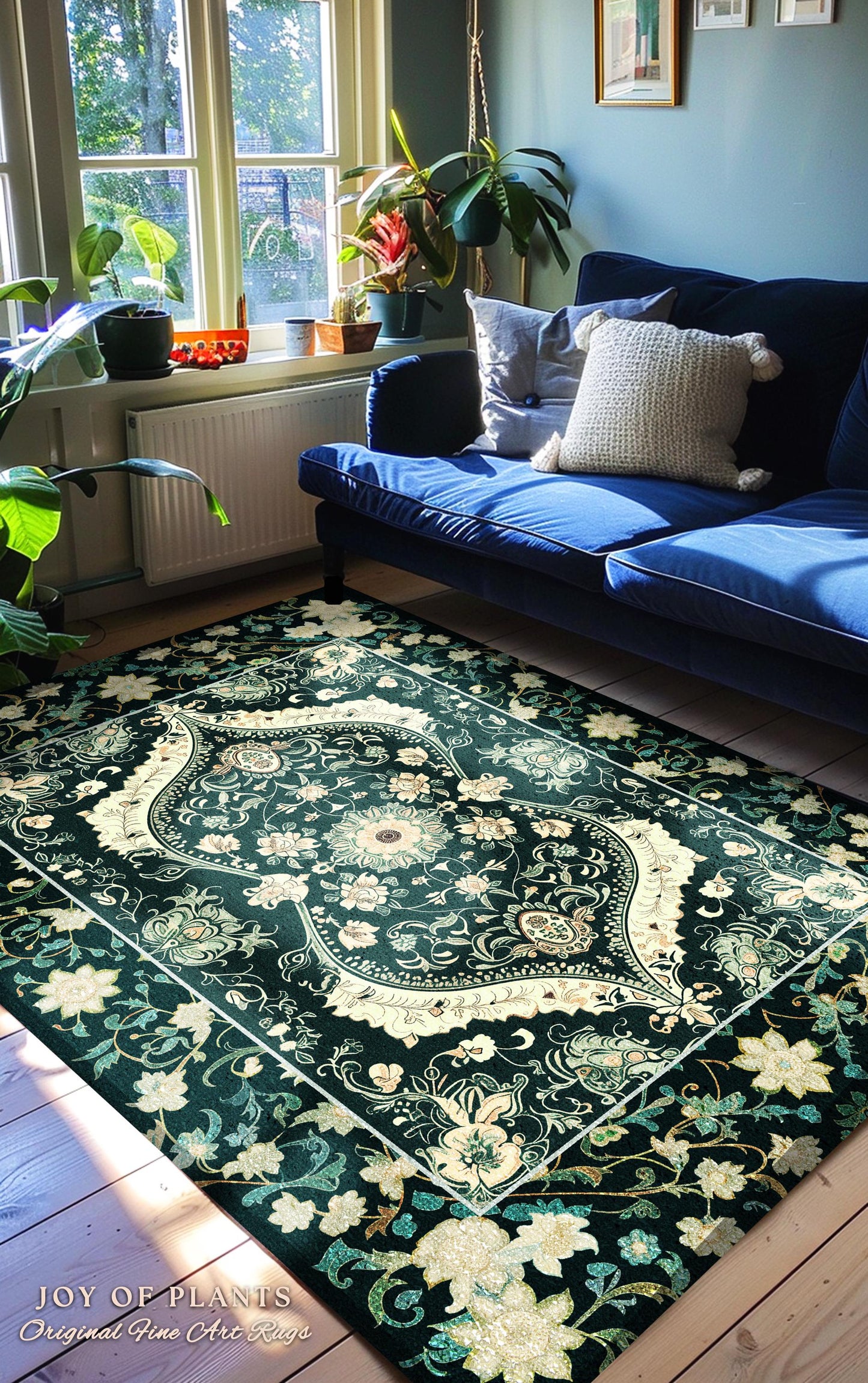 Elegant Emerald Green Art Nouveau Living Room Rug | Boho Room Decor Dark Cottagecore Whimsical Botanical Victorian Gothic Woodland Aesthetic