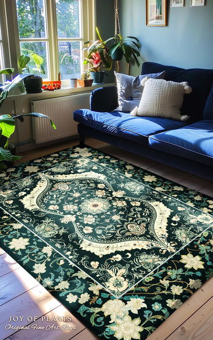 Elegant Emerald Green Art Nouveau Living Room Rug | Boho Room Decor Dark Cottagecore Whimsical Botanical Victorian Gothic Woodland Aesthetic