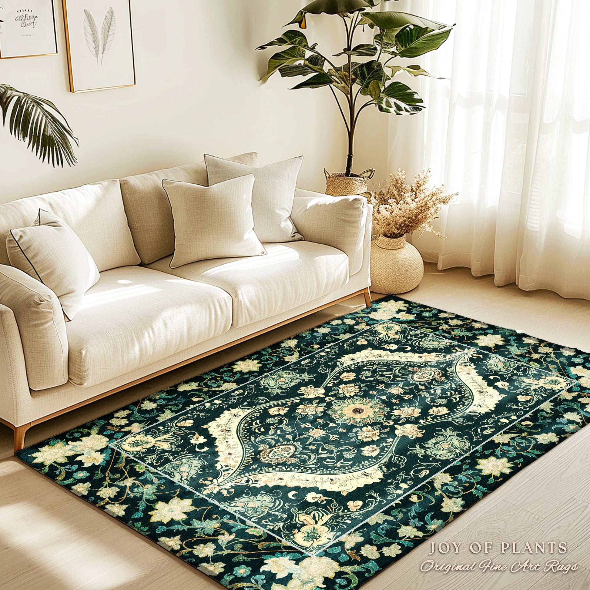 Elegant Emerald Green Art Nouveau Living Room Rug | Boho Room Decor Dark Cottagecore Whimsical Botanical Victorian Gothic Woodland Aesthetic