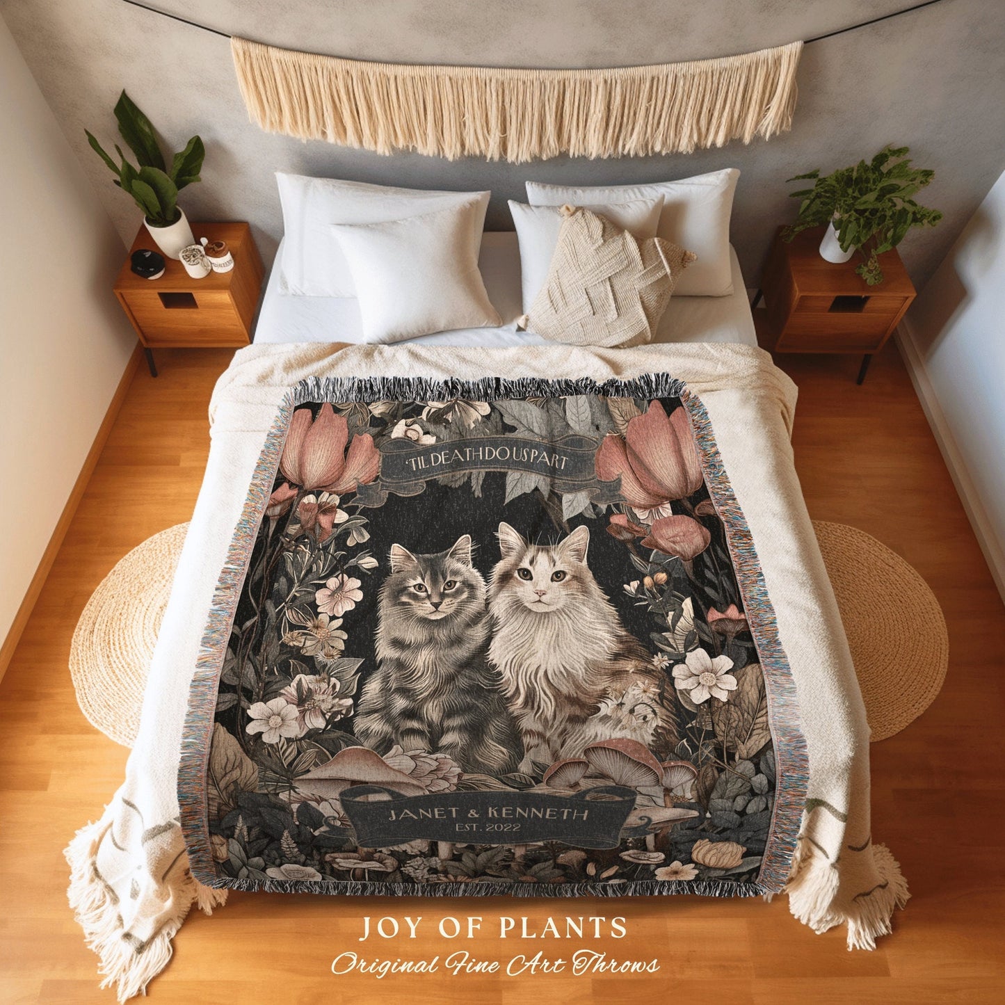 Cat Lover Personalized Woven Tapestry | Victorian Aesthetic Woven Blanket Custom His & Hers Gift for Goths Dark Academia Wedding Tapestry |