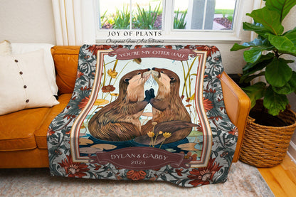 Boho Otter Couple Personalized Throw Blanket | Ethereal Dating Anniversary Custom Established Date Blanket 'Significant Otters' Gift Cute |