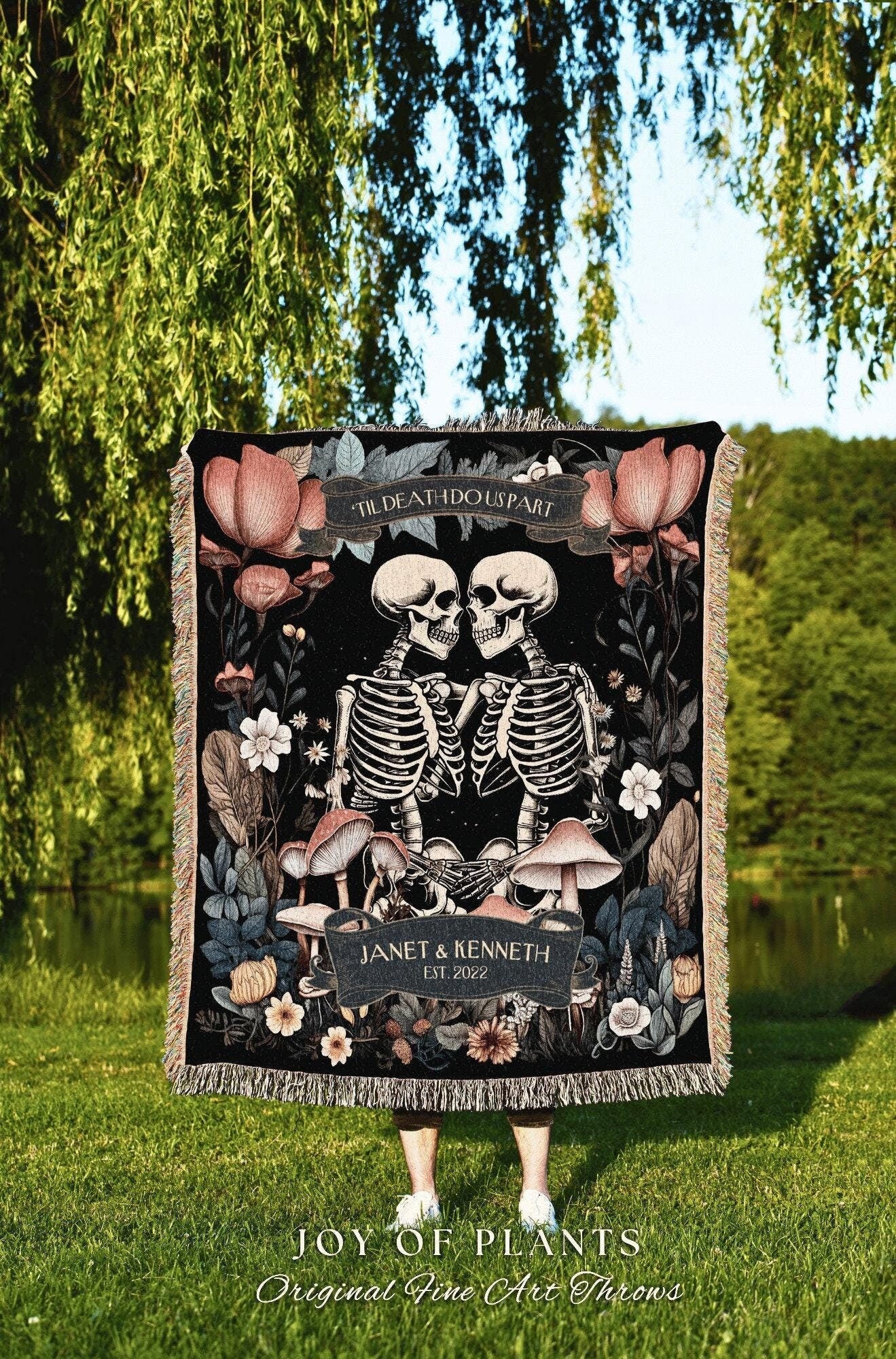 Dark Floral Skeleton Lovers Woven Cotton Throw | Sentimental Anniversary Tapestry Blanket Botanical Skeleton Lover Gift Personalized Couple