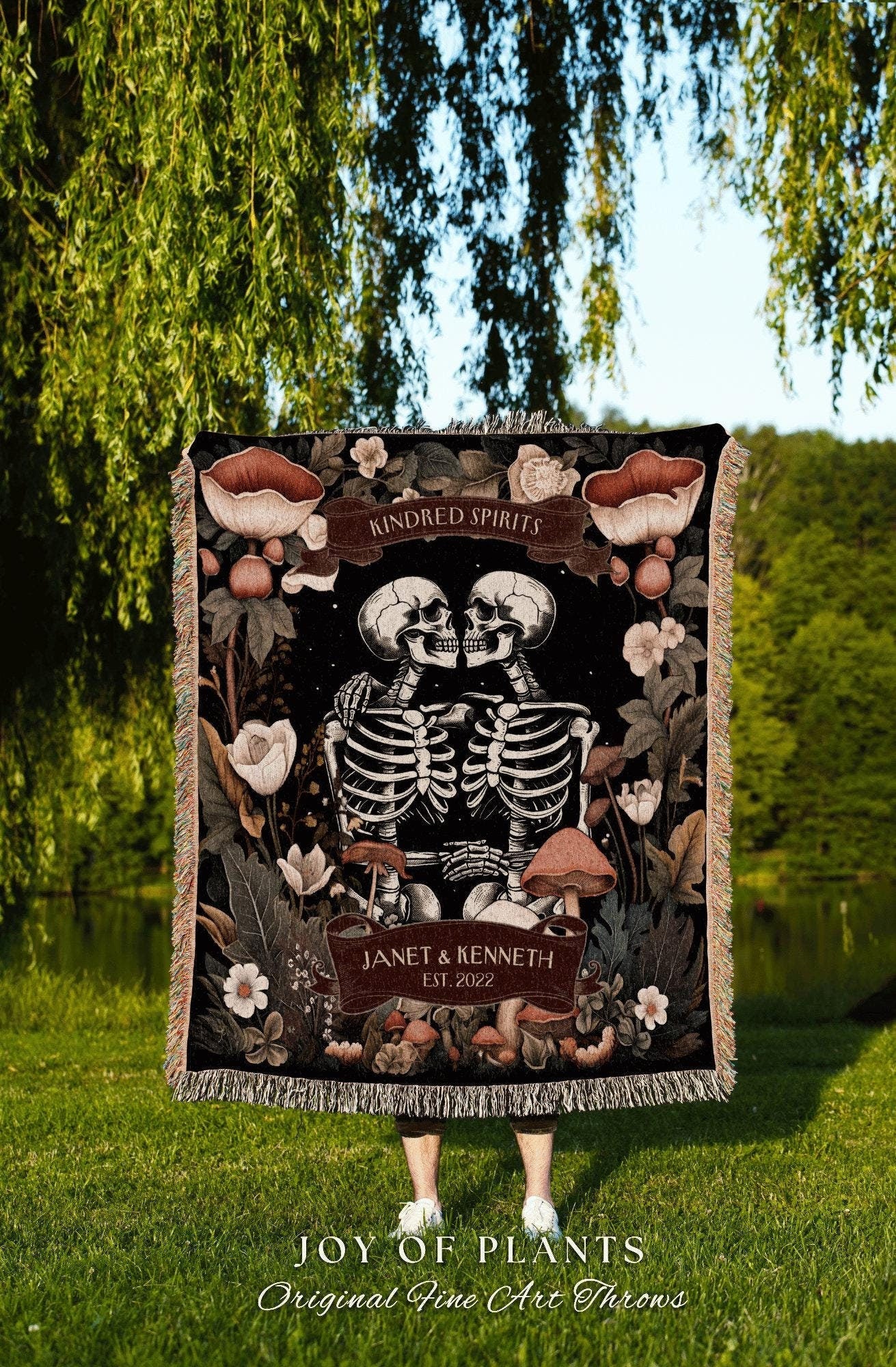 Ethereal Skeleton Lovers Throw Blanket | Personalized Anniversary Blanket Skeleton Lover Tarot Gift for Boyfriend Custom Couple Names Cute |