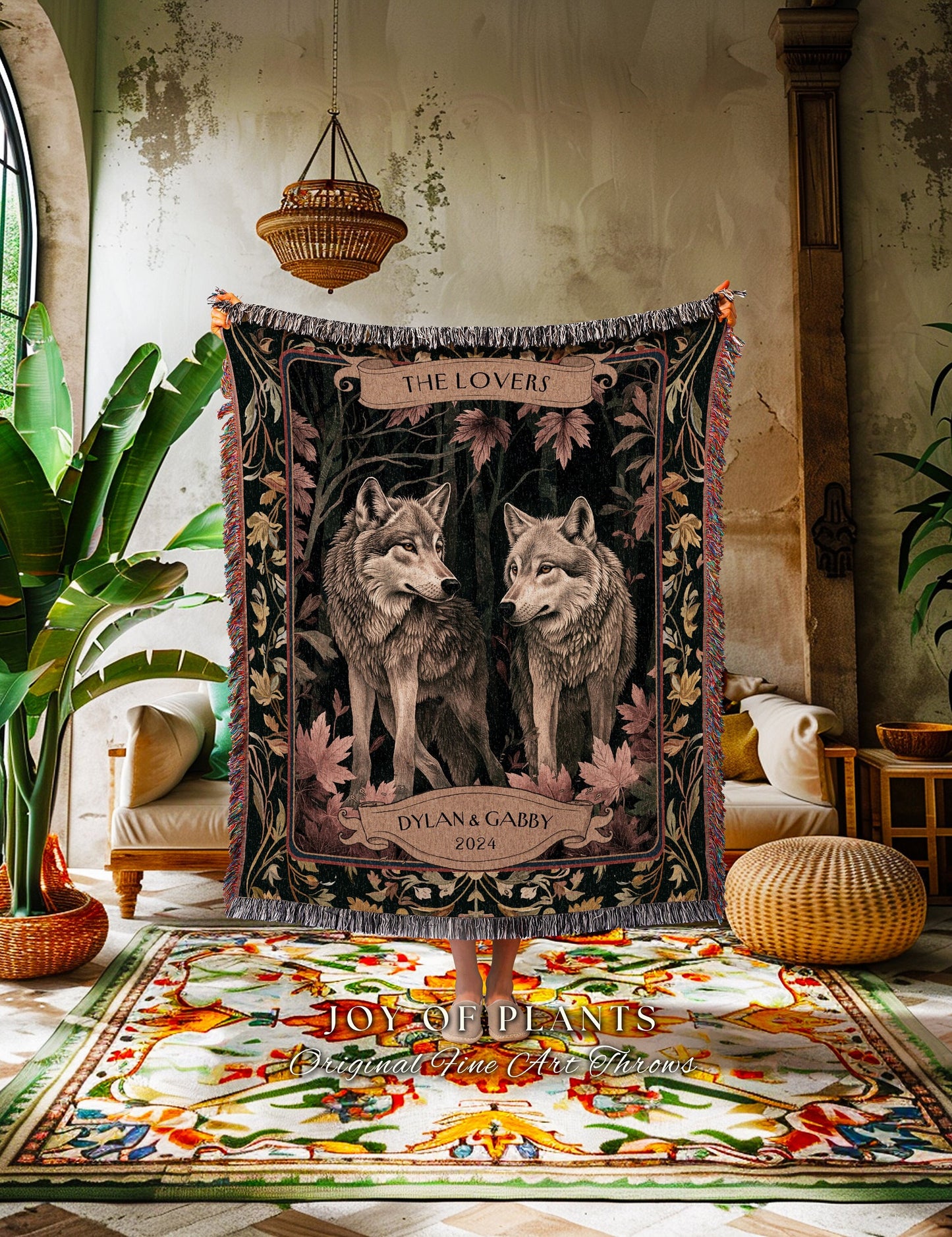 Couples Cotton Blanket Personalized 'The Lovers' | Dating Anniversary Gift His & Hers Wolf Tapestry Woodland Wedding Unique Couple Gift Idea