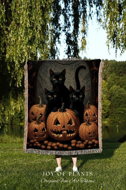 Vintage Halloween Pumpkin Black Cat Tapestry | Spooky Season Black Cat Halloween Decor Dark Cottagecore Tapestry Woven Blanket Witch Decor |