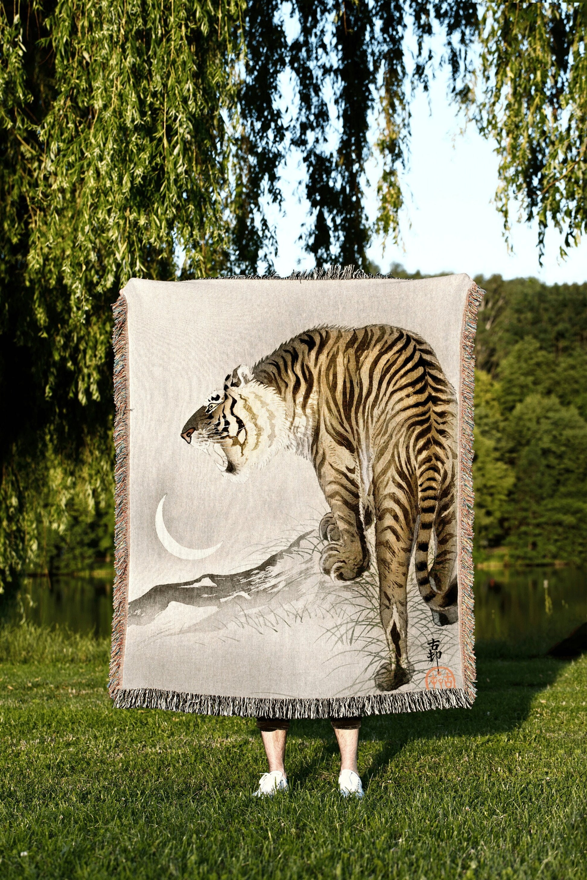 Woven Tiger Blanket | Japanese Art Blanket Boho | Ohara Koson Art Print | Custom Woven Throw Blanket | Vintage Tiger Tapestry Japanese Art |