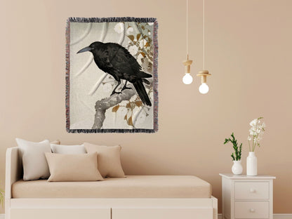 Crow Painting Vintage Woven Blanket | Japanese Art Print | Ohara Koson Art Print | Custom Woven Throw Blanket | Woven Tapestry Japanese Art