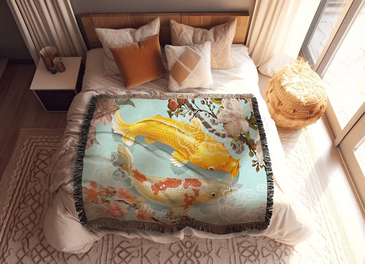 Koi Fish Blanket Woven Tapestry | Vintage Japanese Art Tapestry | Japanese Koi Fish Art Blanket | Art Print Woven Blanket Japanese Decor |
