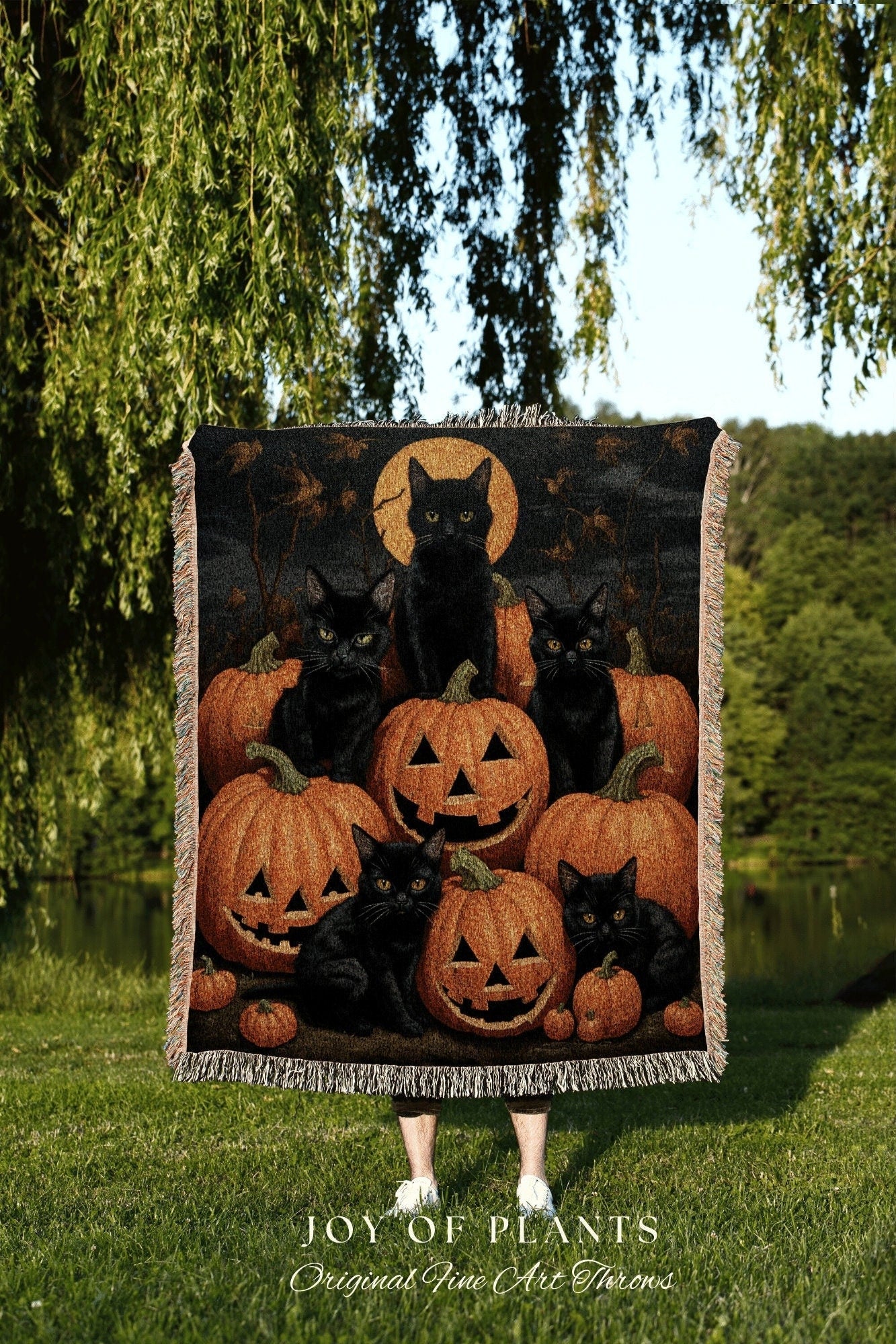 Black Cats Vintage Halloween Pumpkin Tapestry | Spooky Season Black Cat Dark Cottagecore Tapestry Witch Halloween Decor Woven Throw Blanket