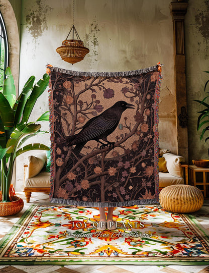 Gothic Raven Throw Mystical Fall Forest Decor | Whimsigoth Crowcore Aesthetic Enchanted Cottagecore Tapestry Blanket Vintage Folklore Art