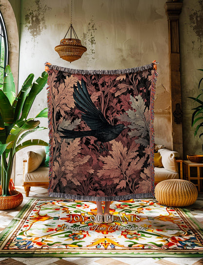 Autumn Raven Throw Blanket Mystic Crowcore Decor | Dark Cottagecore Black Bird Tapestry Gothic Forest Aesthetic Whimsigoth Fall Home Accent