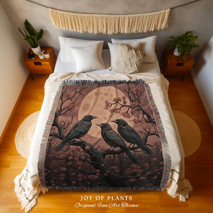 Moonlit Ravens Woven Throw Blanket Dark Woodland Gothic Tapestry | Enchanted Crowcore Whimsigoth Aesthetic Mystical Crow Fall Forestcore Art