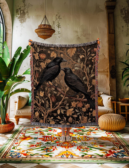 Golden Gothic Raven Tapestry Blanket Dark Cottagecore Decor | Witchy Cottage Aesthetic Woven Throw Vintage Botanical Rustic Farmhouse Style