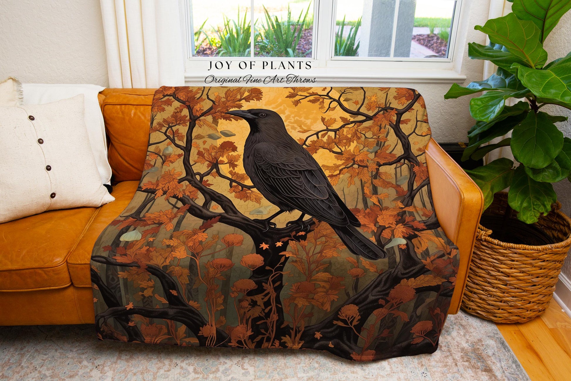 Gothic Grunge Woodland Crowcore Woven Throw Indie Room Decor | Rustic Farmhouse Style Shabby Chic Raven Tapestry Blanket Dark Cottagecore