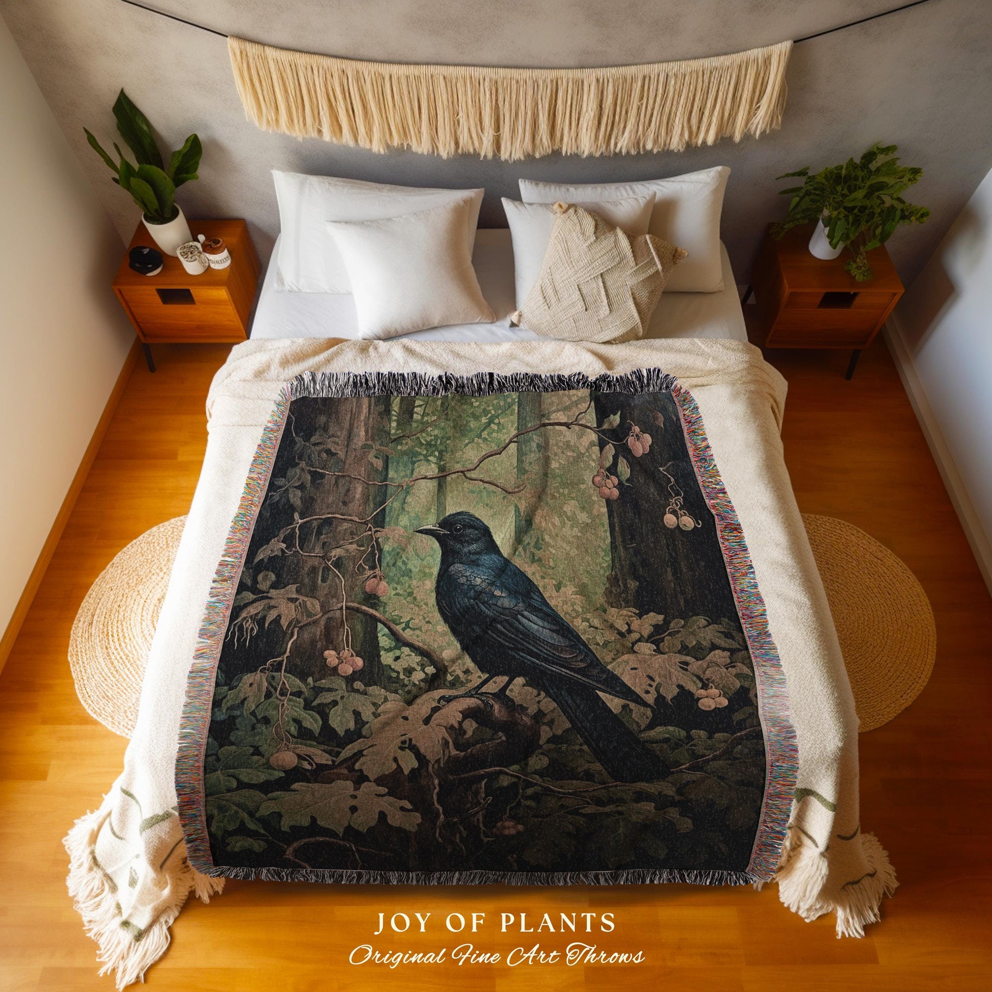 Enchanted Forest Raven Blanket Dark Woodland Gothic Tapestry | Cottagecore Crowcore Woven Throw Mystical Nature Whimsical Whimsigoth Decor