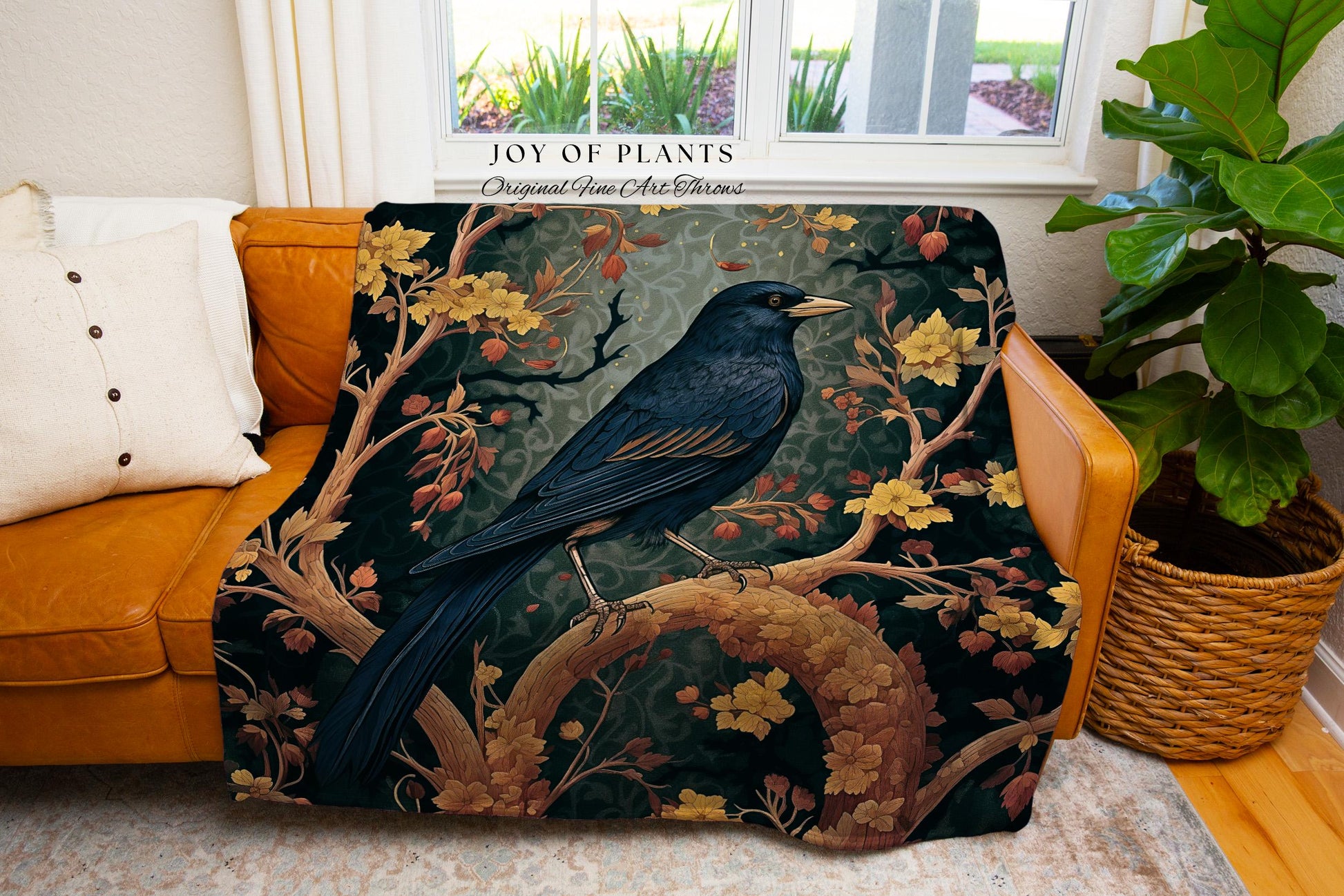 Woodland Raven Woven Blanket Enchanted Forest Decor | Rustic Nature Tapestry Crowcore Cozy Cottagecore Throw Dark Botanical Home Accent Gift