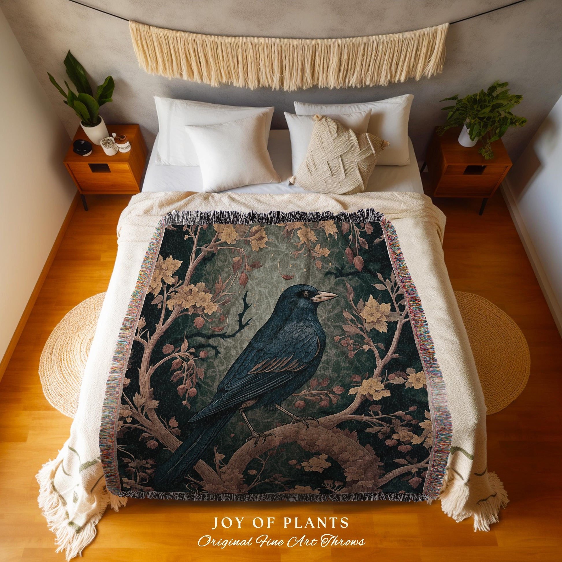 Woodland Raven Woven Blanket Enchanted Forest Decor | Rustic Nature Tapestry Crowcore Cozy Cottagecore Throw Dark Botanical Home Accent Gift