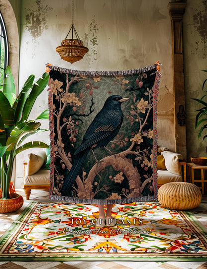 Woodland Raven Woven Blanket Enchanted Forest Decor | Rustic Nature Tapestry Crowcore Cozy Cottagecore Throw Dark Botanical Home Accent Gift