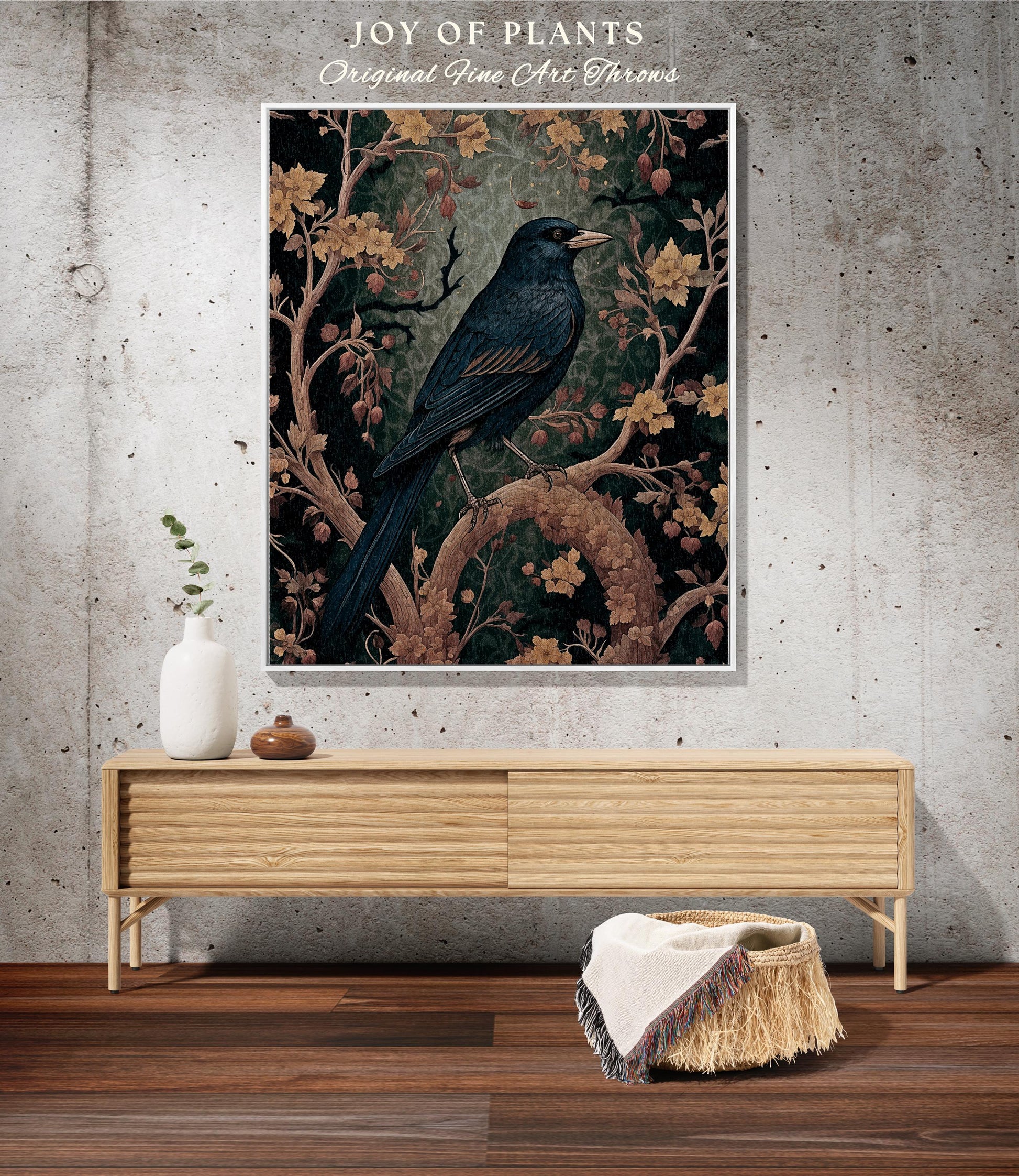 Woodland Raven Woven Blanket Enchanted Forest Decor | Rustic Nature Tapestry Crowcore Cozy Cottagecore Throw Dark Botanical Home Accent Gift