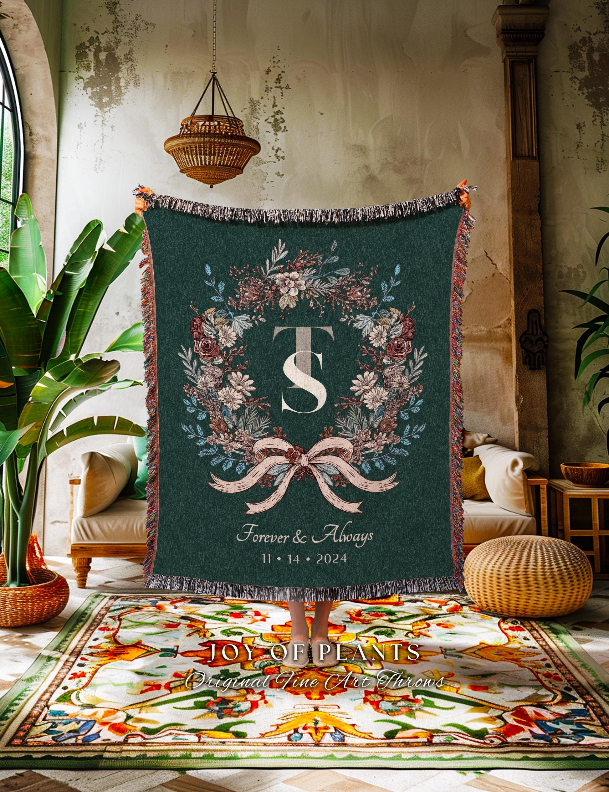 Cozy Newlyweds Initials Throw Blanket | Personalized Keepsake His and Hers Woven Tapestry Custom Dating Anniversary Floral Wreath for Her |