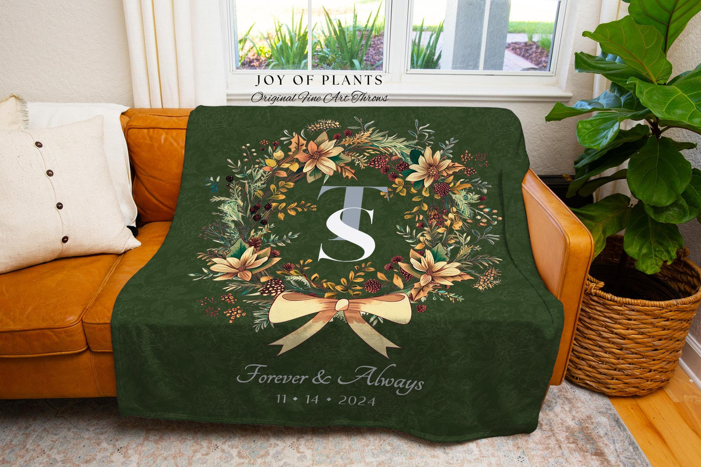 Rustic Floral Wreathe Monogram Blanket Custom Couple Tapestry Throw Personalized Wedding Keepsake Rustic Sage Green Decor Cozy Forever Gift