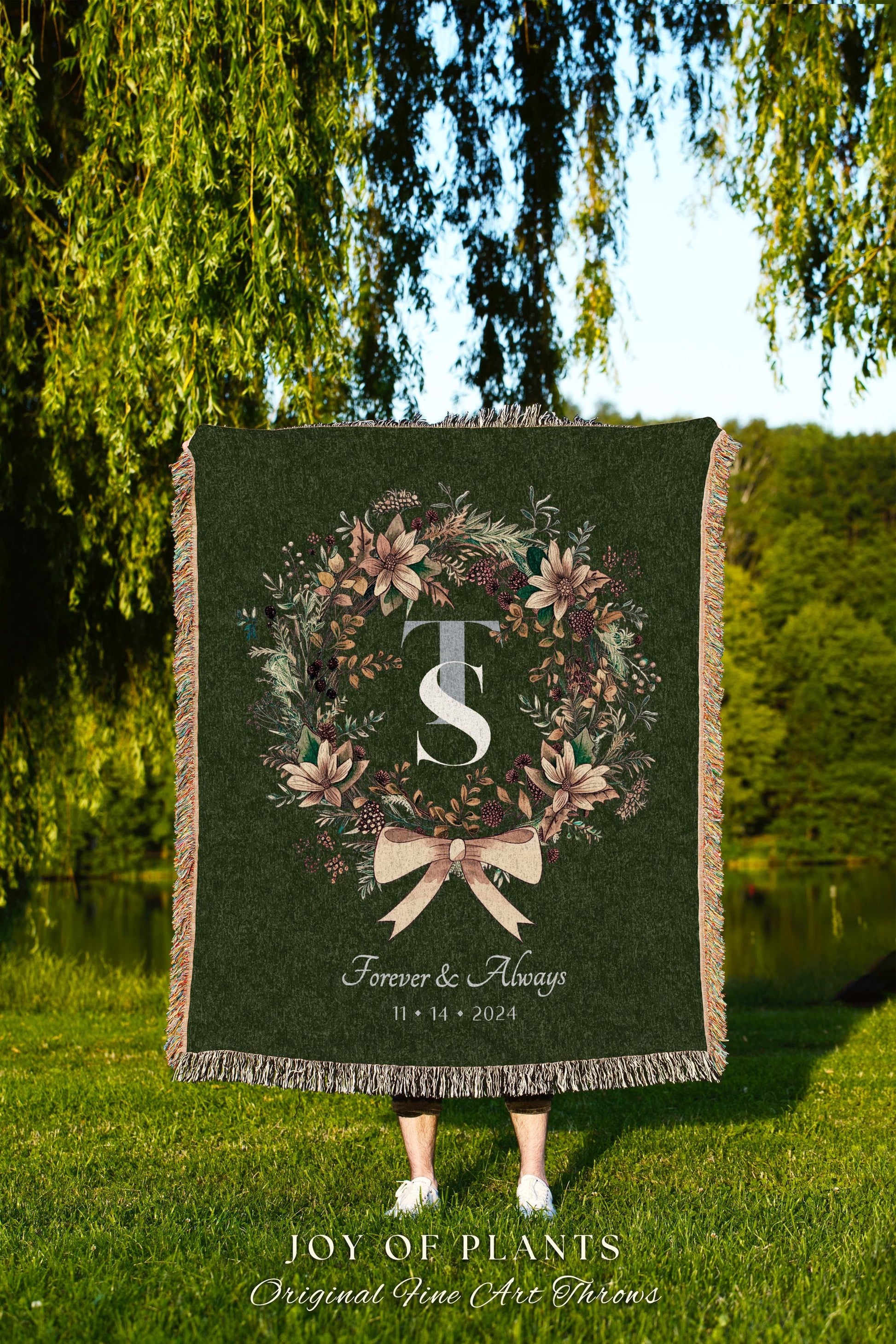 Rustic Floral Wreathe Monogram Blanket Custom Couple Tapestry Throw Personalized Wedding Keepsake Rustic Sage Green Decor Cozy Forever Gift