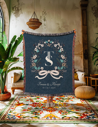 Farmhouse Wedding Wreath Blanket Custom | Rustic Tapestry Keepsake His and Hers Dating Anniversary Floral Wreath for Girlfriend Initials |