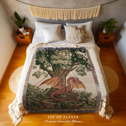 Whimsical Red Dragon Blanket Antique Forest Scene Tapestry Throw | Light Academia Aesthetic Medieval Inspired Mystical Fantasy Home Decor