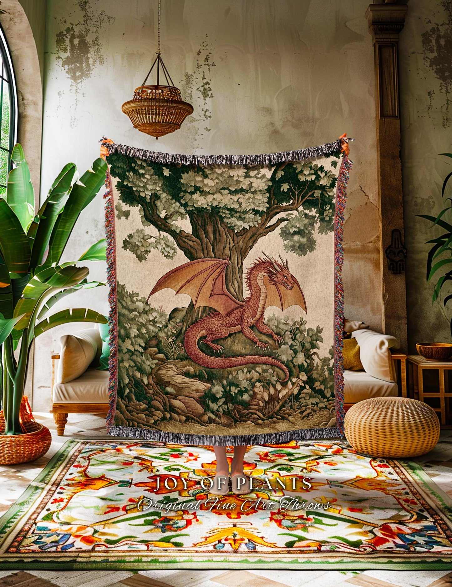 Whimsical Red Dragon Blanket Antique Forest Scene Tapestry Throw | Light Academia Aesthetic Medieval Inspired Mystical Fantasy Home Decor