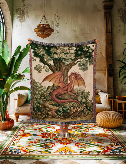 Whimsical Red Dragon Blanket Antique Forest Scene Tapestry Throw | Light Academia Aesthetic Medieval Inspired Mystical Fantasy Home Decor