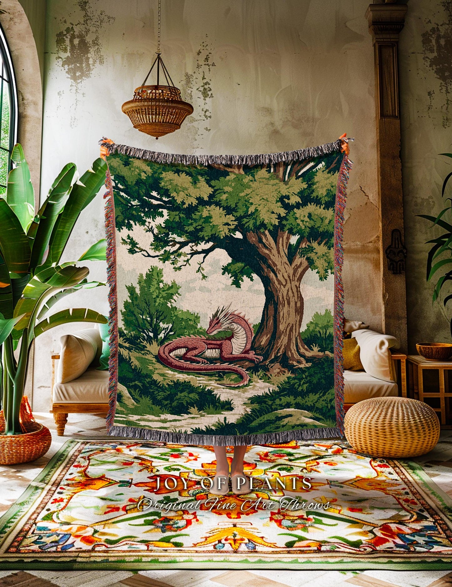 Enchanted Red Dragon Blanket Mystical Forest Scene Tapestry Throw | Fantasy Medieval Decor Cozy Home Accent Crushed Velvet Whimsical Bedding