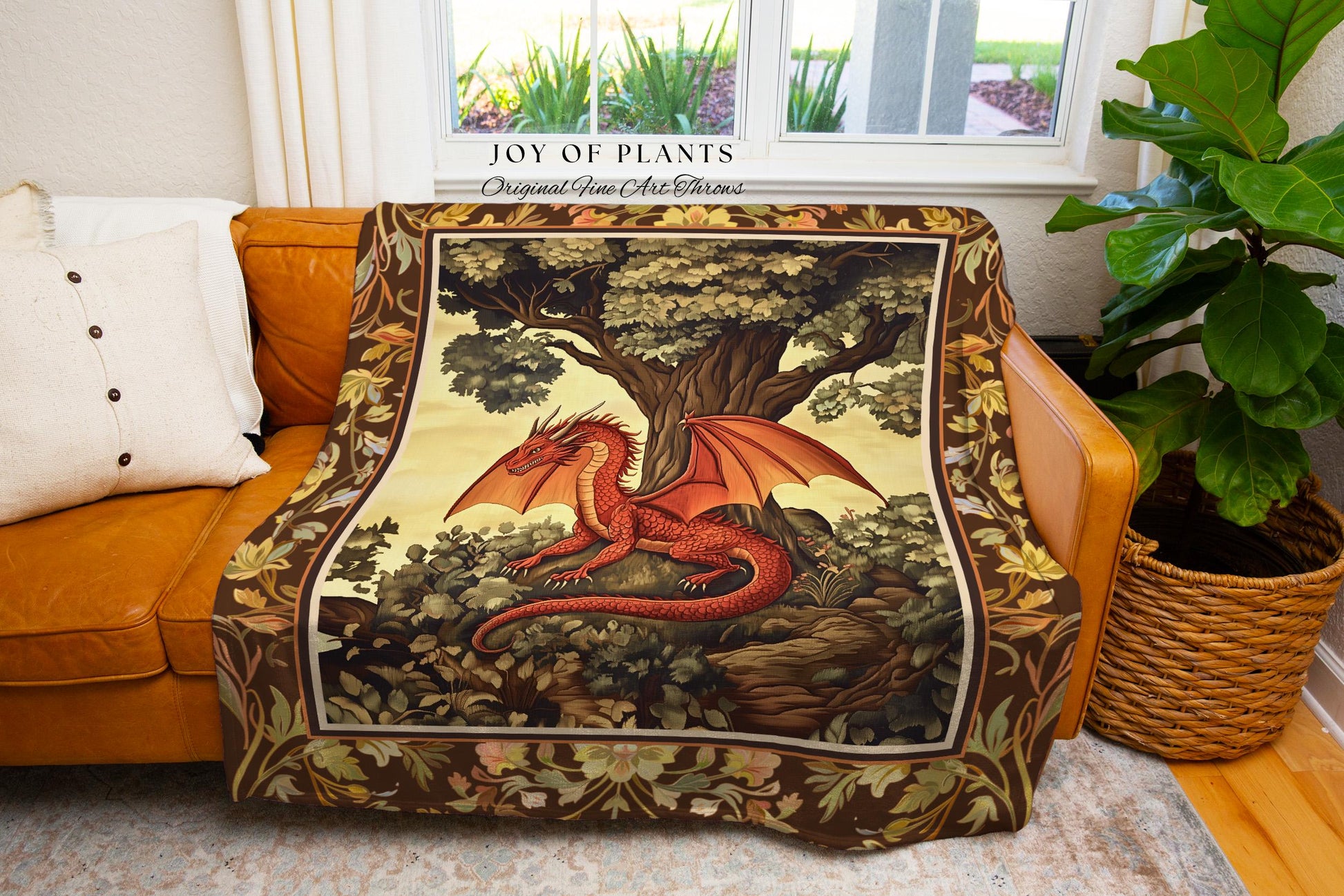 Rustic Dragon Blanket Mystical Forest Scene Woven Throw | Enchanted Dark Academia Aesthetic Medieval Inspired Folklore Art Cozy Home Decor