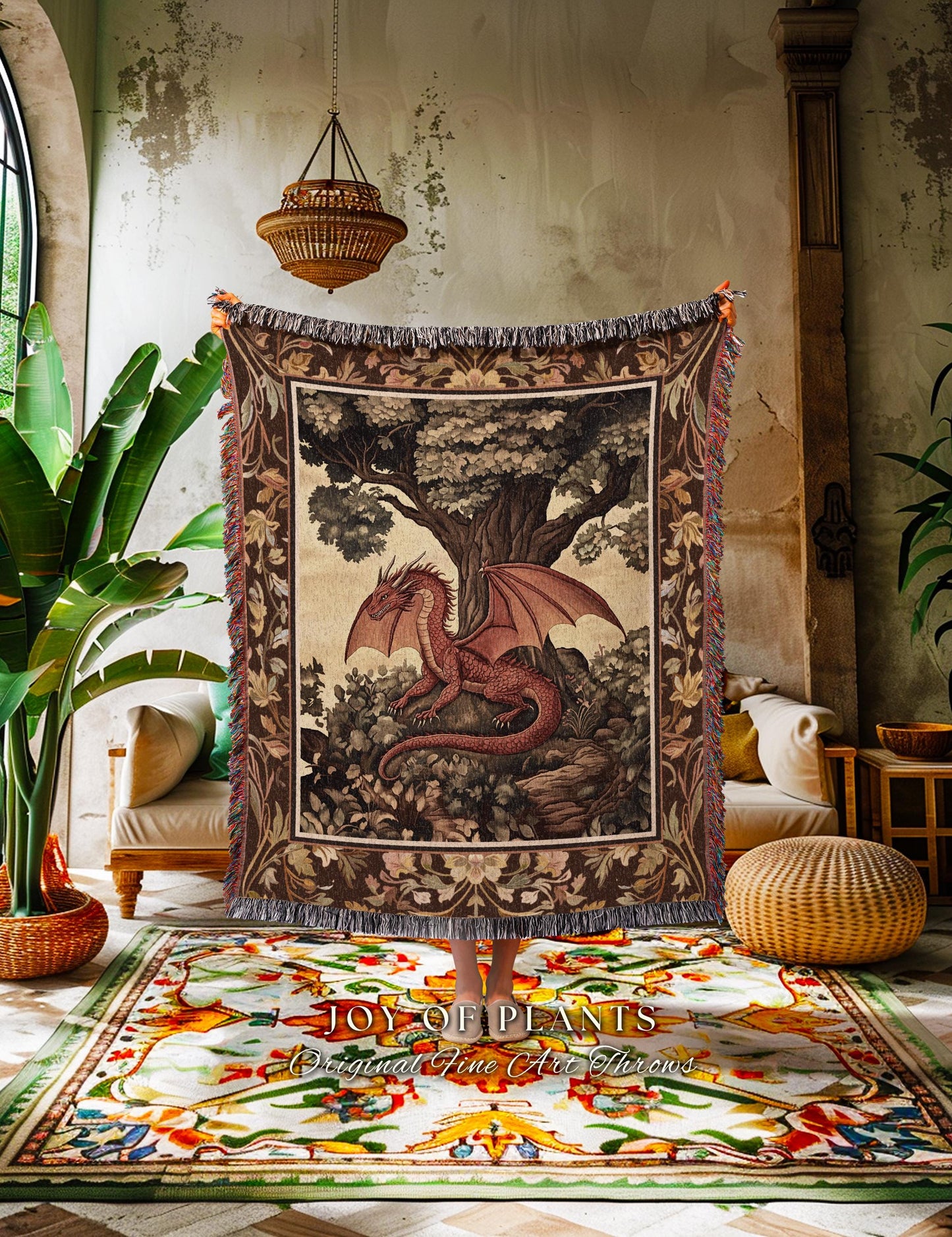 Rustic Dragon Blanket Mystical Forest Scene Woven Throw | Enchanted Dark Academia Aesthetic Medieval Inspired Folklore Art Cozy Home Decor