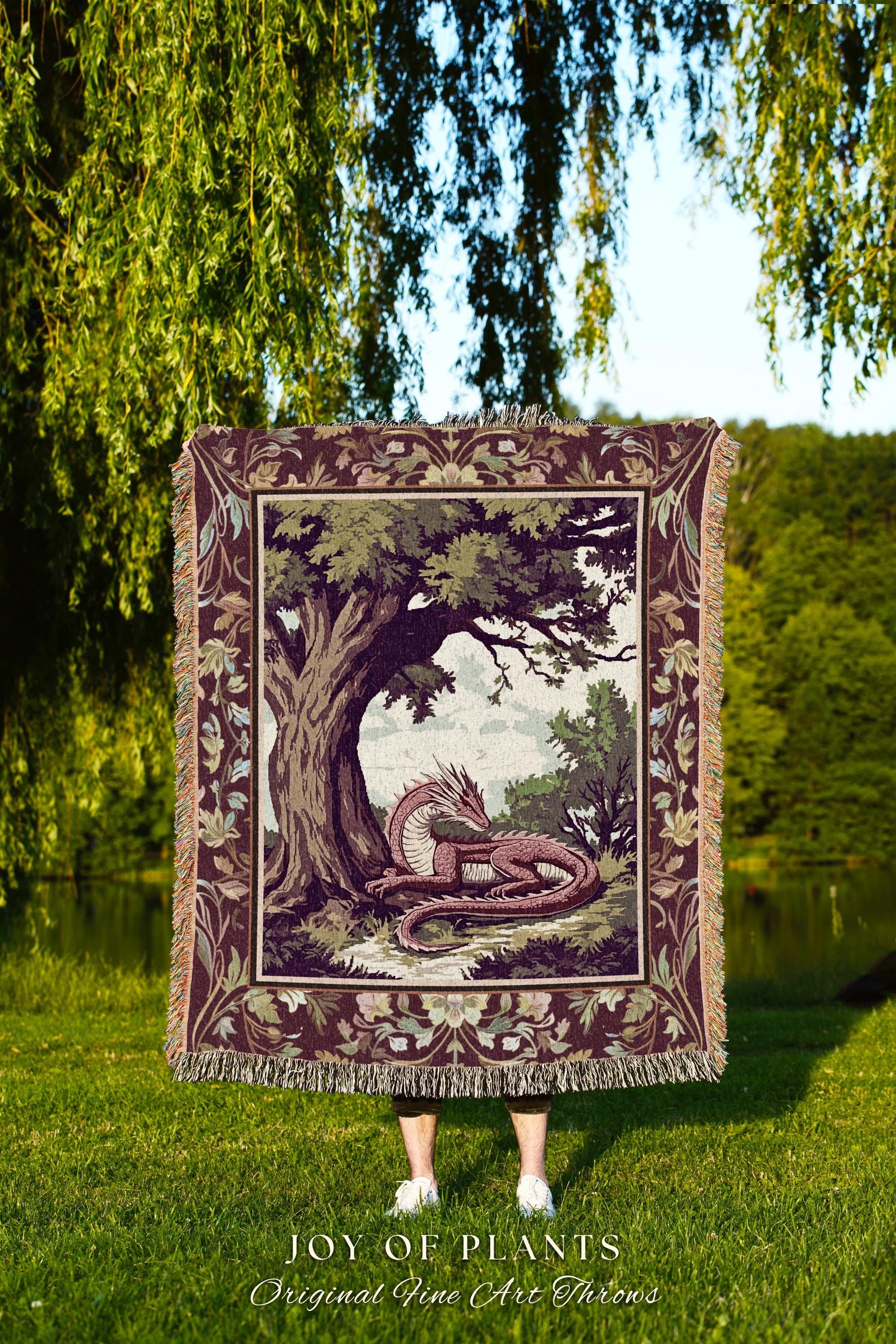 Ethereal Woodland Dragon Blanket Whimsigothic Fantasy Art Nouveau Throw | Rustic Fairycore Magic Cottagegoth Decor Enchanted Gothic Forest