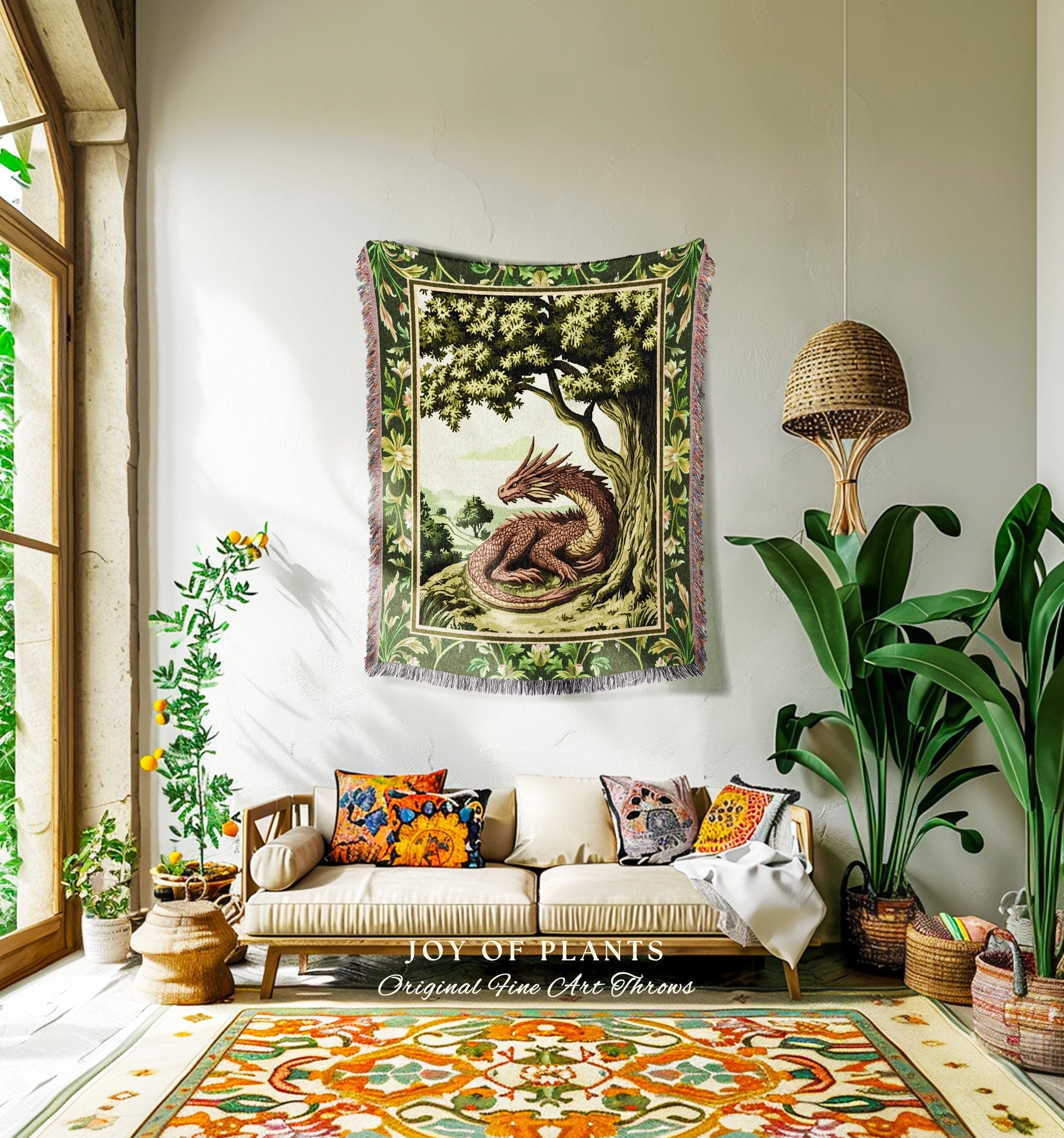 Woodland Dragon Blanket Enchanted Forest Tree Folklore Tapestry Throw | Mystical Medieval Aesthetic Sage Green Accent Rustic Fantasy Home