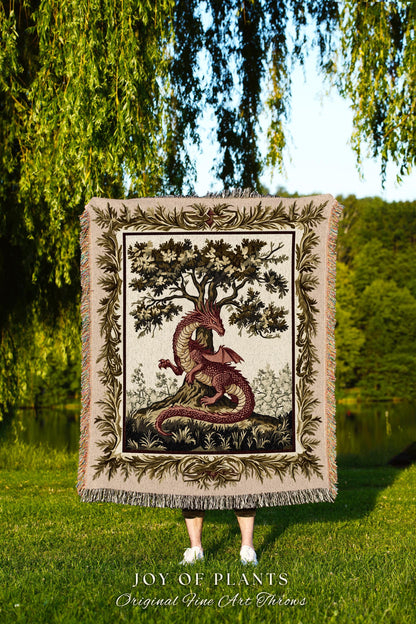 Light Academia Dragon Blanket Whimsical Woodland Goblincore Tapestry Throw | Magical Mythical Creature Decor Cozy Rustic Whimsigothic Home