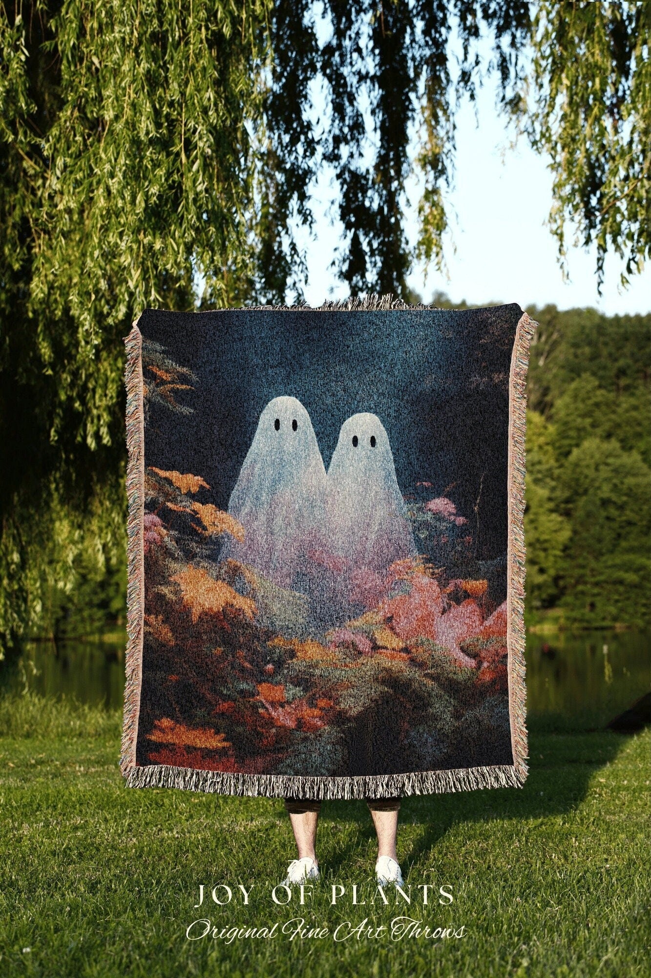 Ethereal Ghost Friends Blanket | Woven Throw Blanket Macabre Wall Art Ghost Decor Spooky Tapestry Gift for Halloween Dark Floral Whimsigoth