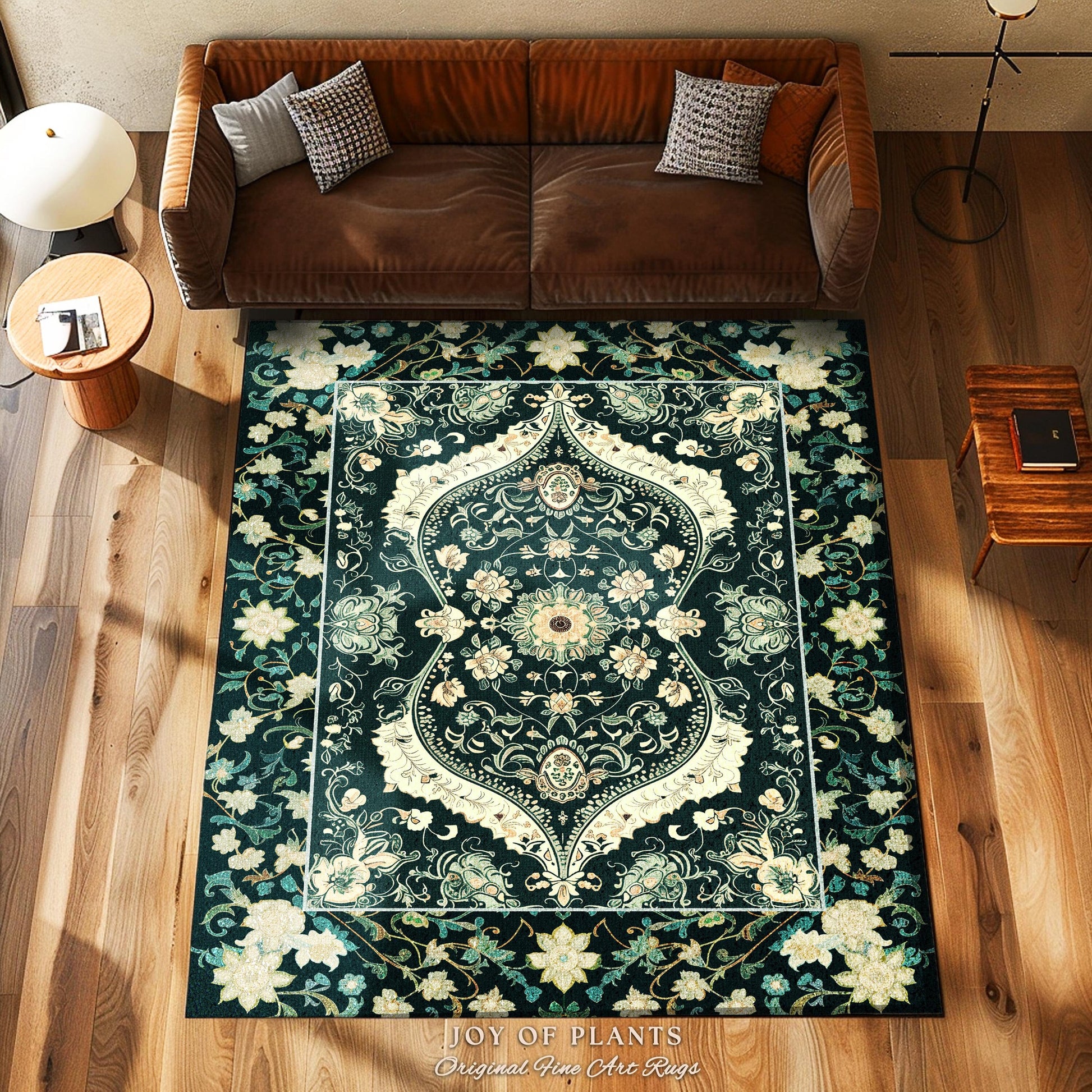 Elegant Emerald Green Art Nouveau Living Room Rug | Boho Room Decor Dark Cottagecore Whimsical Botanical Victorian Gothic Woodland Aesthetic