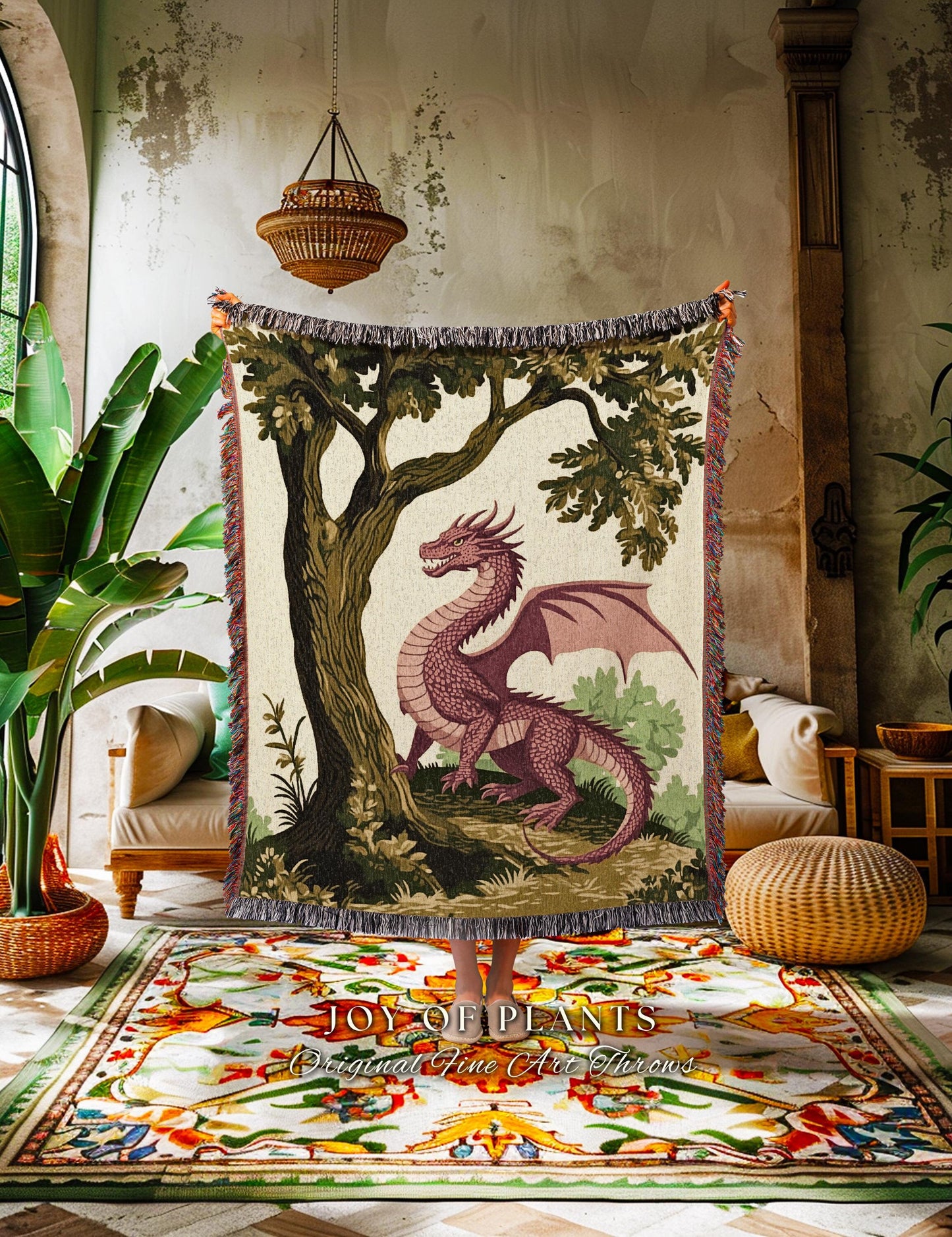 Pastoral Dragon Blanket Light Academia Inspired Woodland Tapestry Throw | Rustic Folklore Home Decor Cozy Forestcore Medieval Aesthetic Art