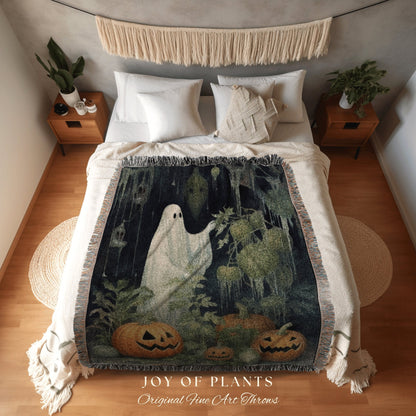 Ghost Gardening Blanket Woven Throw | Haunted Greenhouse Plant Lovers Spooky Ghost Tapestry Gift for Gardeners Cottagecore Home Decor |