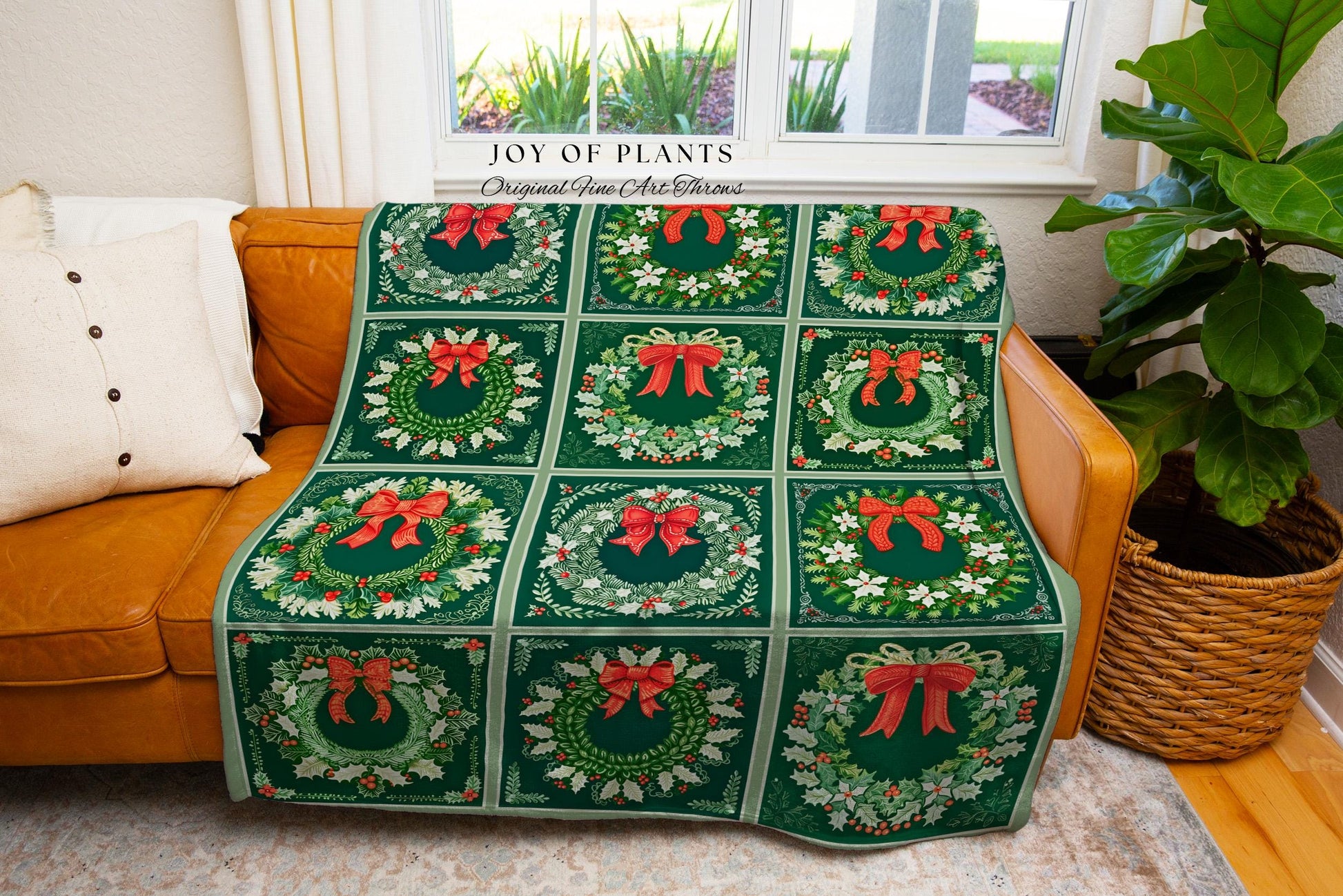 Christmas Wreath Patchwork Tapestry Blanket Scandinavian Holiday Decor Nordic Style Throw | Vintage Boho Woven Wall Art Festive Cottage Gift